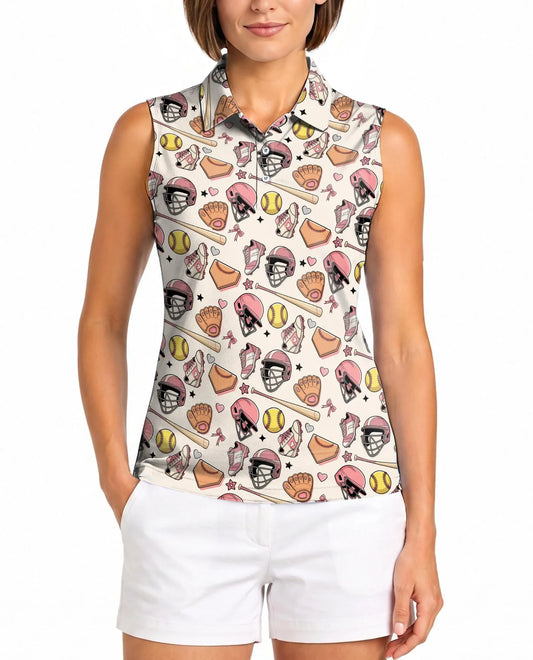 Cute Softball Sleeveless Polo Shirt for Women, Sports Lover Style | Azhawaiian