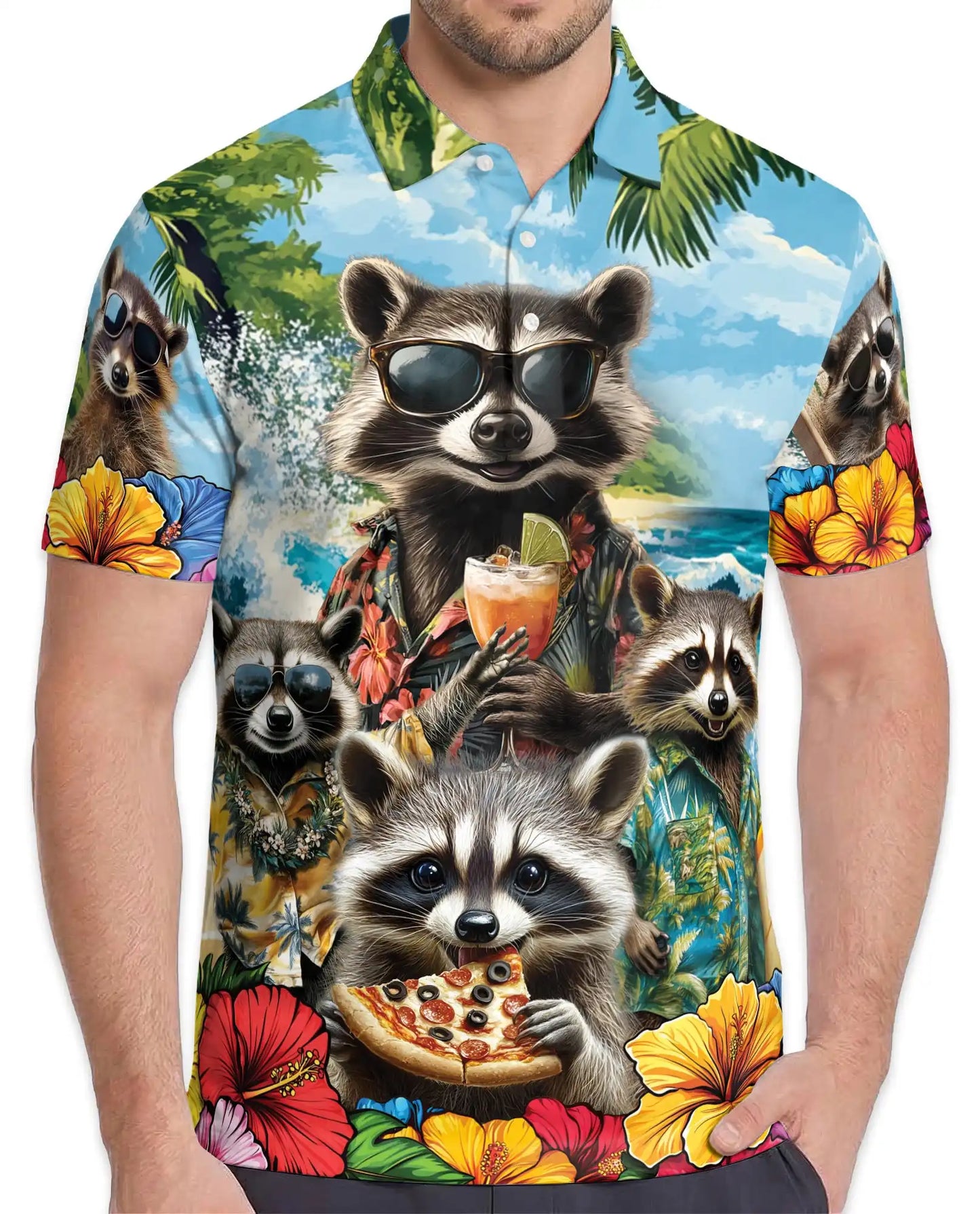 Funny Raccoon Hawaiian Polo Shirt - Tropical Vacation Style | Azhawaiian