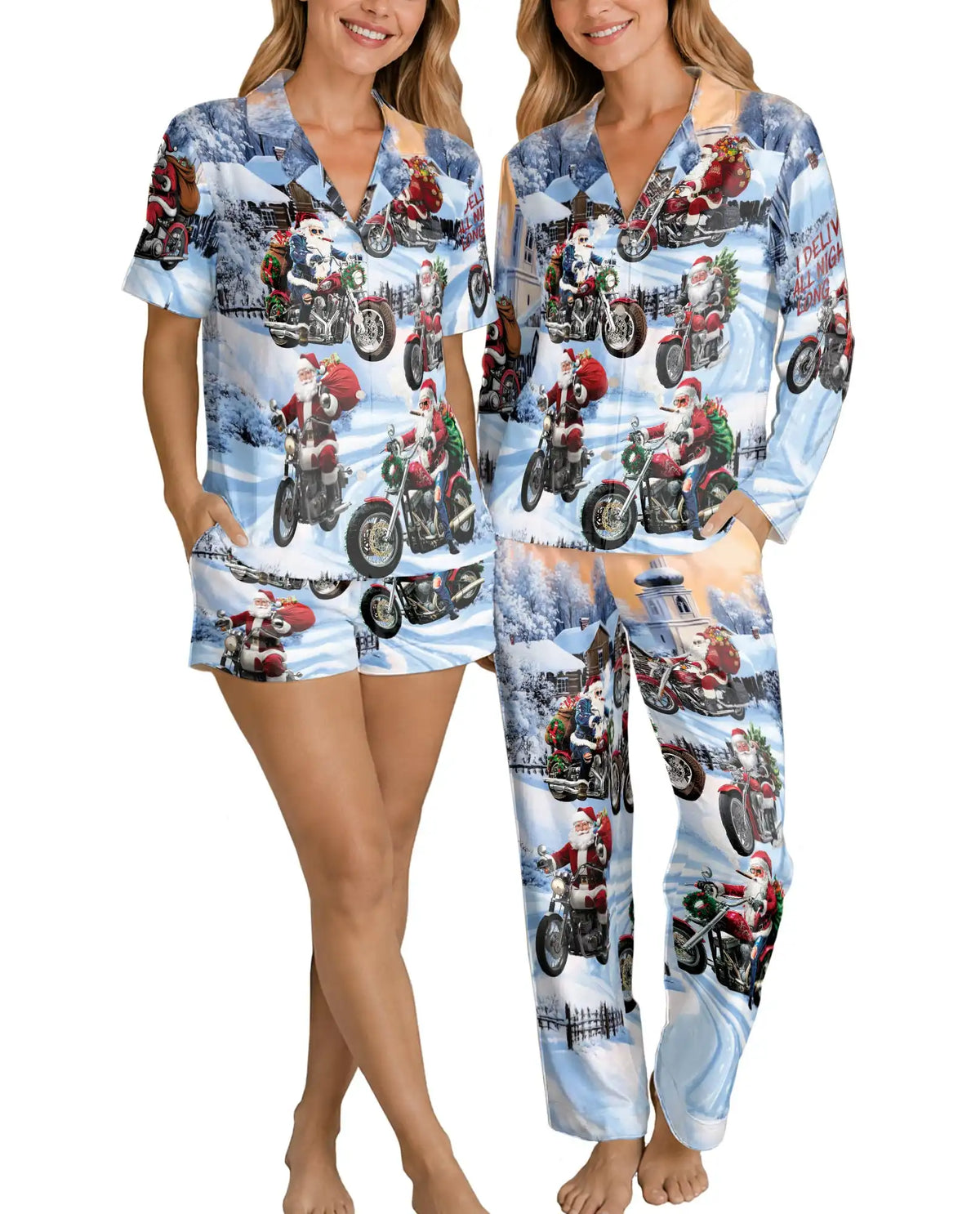 Santa Motorcycle Christmas Pajama Set for Women, Funny Holiday Winter Sleepwear