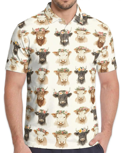 Floral Cow Polo Shirt for Men, Farmhouse Animal Style | Azhawaiian