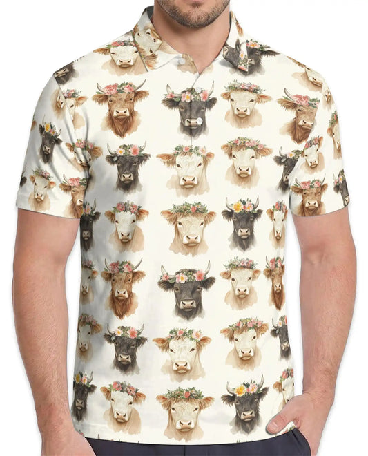 Floral Cow Polo Shirt for Men, Farmhouse Animal Style | Azhawaiian