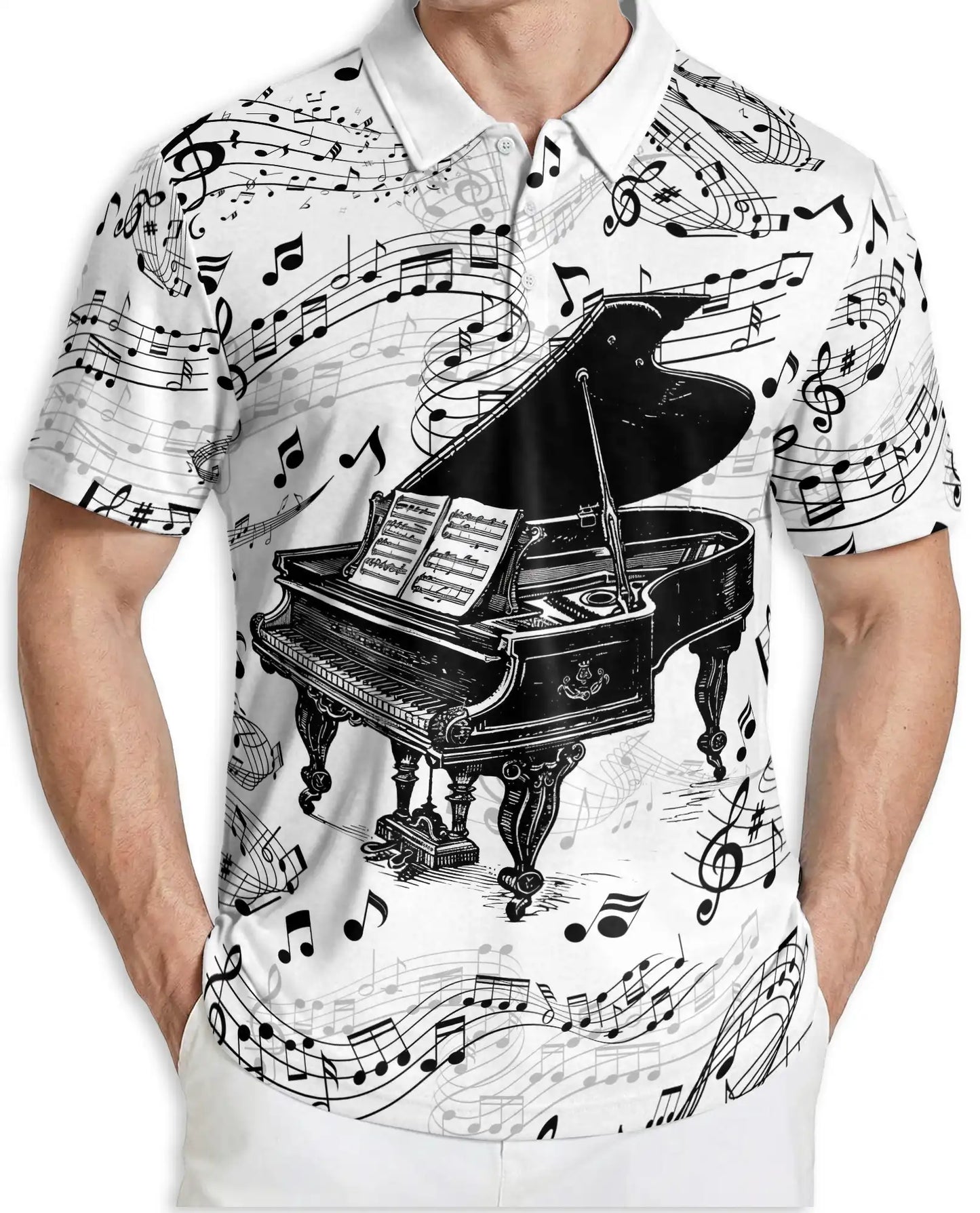 Musical Piano Notes Polo Shirt for Men, Classic Music Design | Azhawaiian