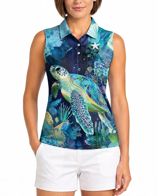 Coral Reef Turtle Pattern Sleeveless Polo Shirt for Women | Azhawaiian
