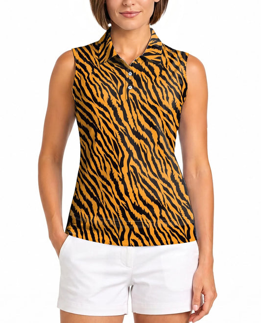 Tiger Print Sleeveless Polo Shirt for Women | Azhawaiian