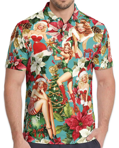 Vintage Christmas Pin Up Girl 3D Polo Shirt for Men, Retro Holiday Style | Azhawaiian