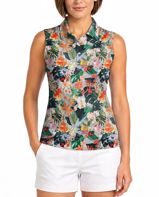 Flower Ephemera Sleeveless Polo Shirt for Women | Azhawaiian