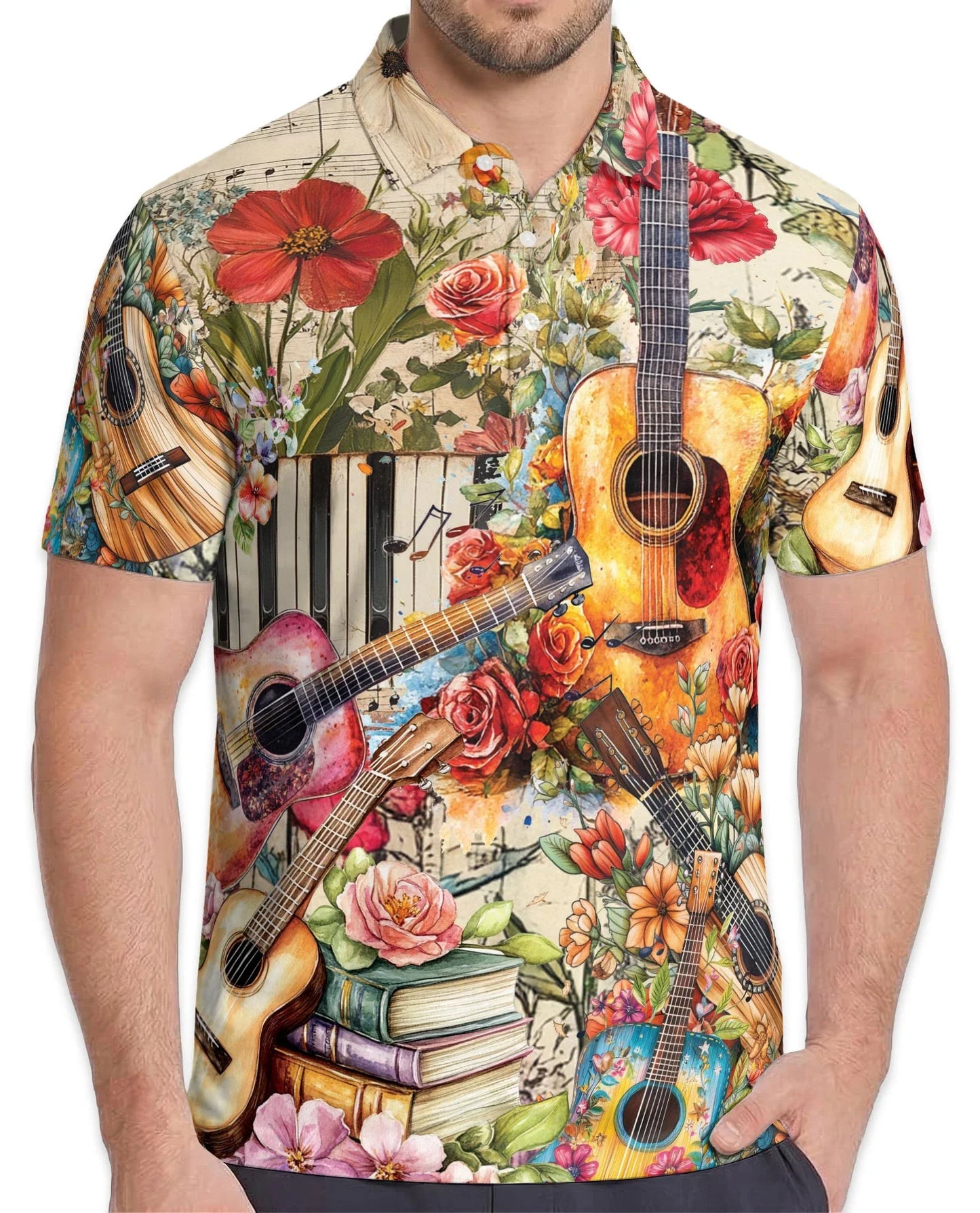 Vintage Flower Ukulele Polo Shirt for Men, Tropical Music Style | Azhawaiian