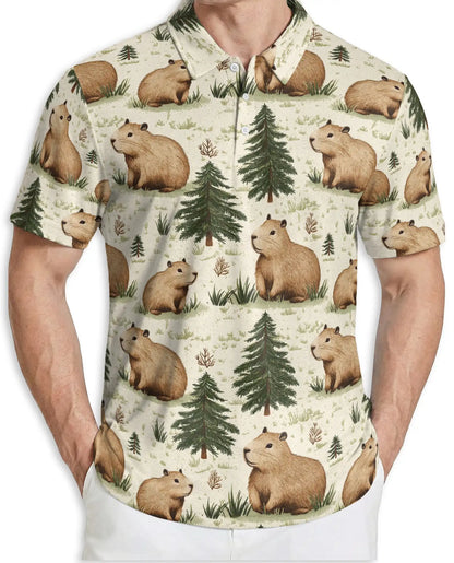 Capybara Forest 3D Polo Shirt for Men, Cute Woodland Animal Style | Azhawaiian