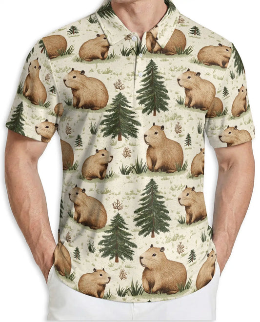 Capybara Forest 3D Polo Shirt for Men, Cute Woodland Animal Style | Azhawaiian