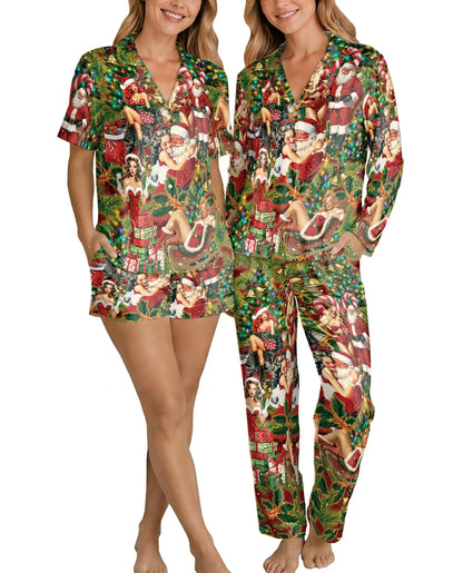 Vintage Pin-Up Santa Christmas Pajama Set for Women – Retro Holiday Print