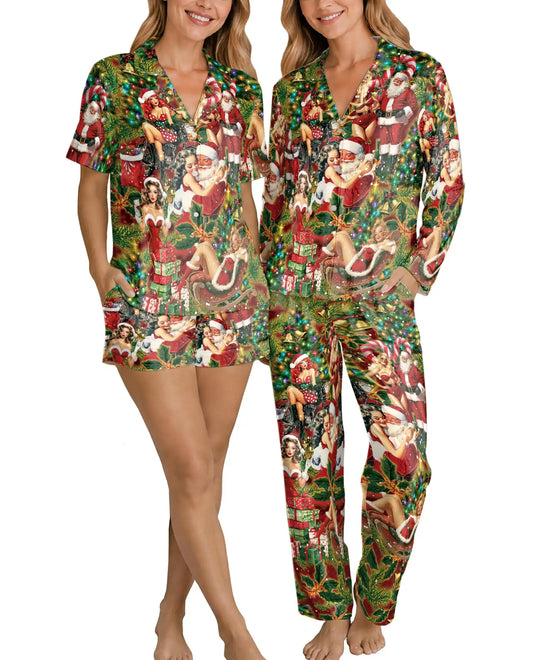 Vintage Pin-Up Santa Christmas Pajama Set for Women – Retro Holiday Print