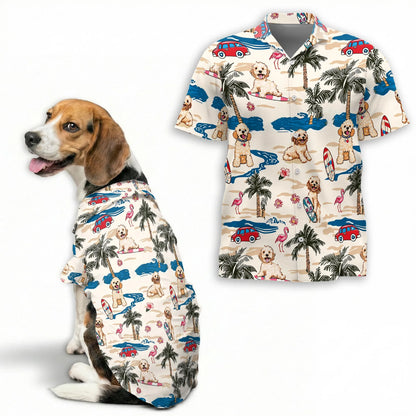 Goldendoodle Tree Beach Print Matching Dog Owner Hawaiian Shirts, Funny Pet Aloha Shirt for Beach Vacation - Azhawaiian