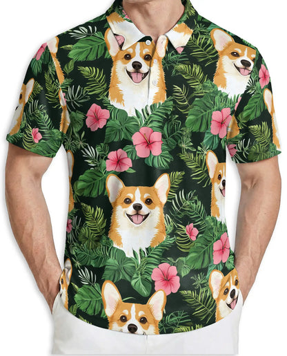 Corgi Tropical 3D Polo Shirt for Men, Cute Dog Floral Style | Azhawaiian