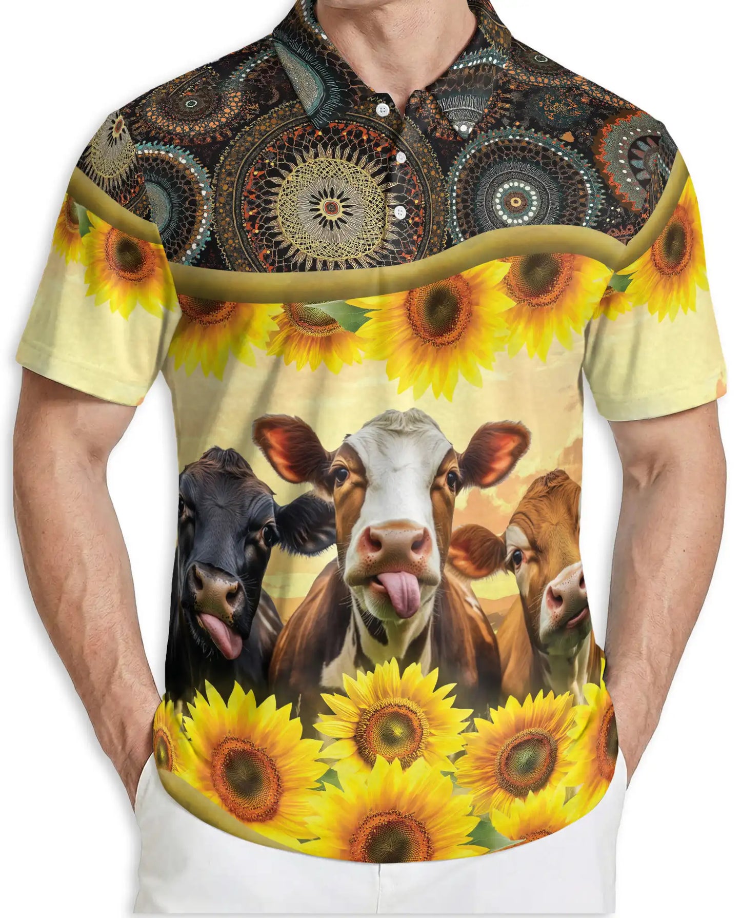 Cow Sunflower Polo Shirt, Rustic Farm Print | Azhawaiian