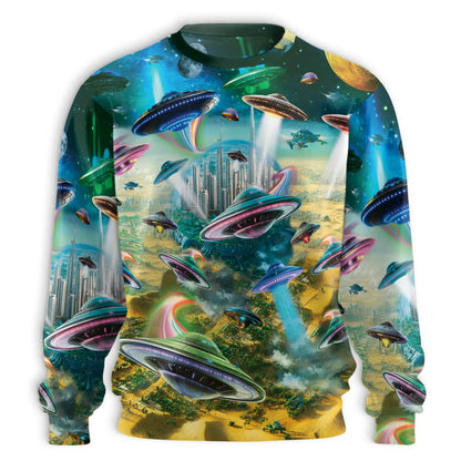 Alien Spaceship Future City Sweatshirt – Colorful Graphic 3D All Over Print Design