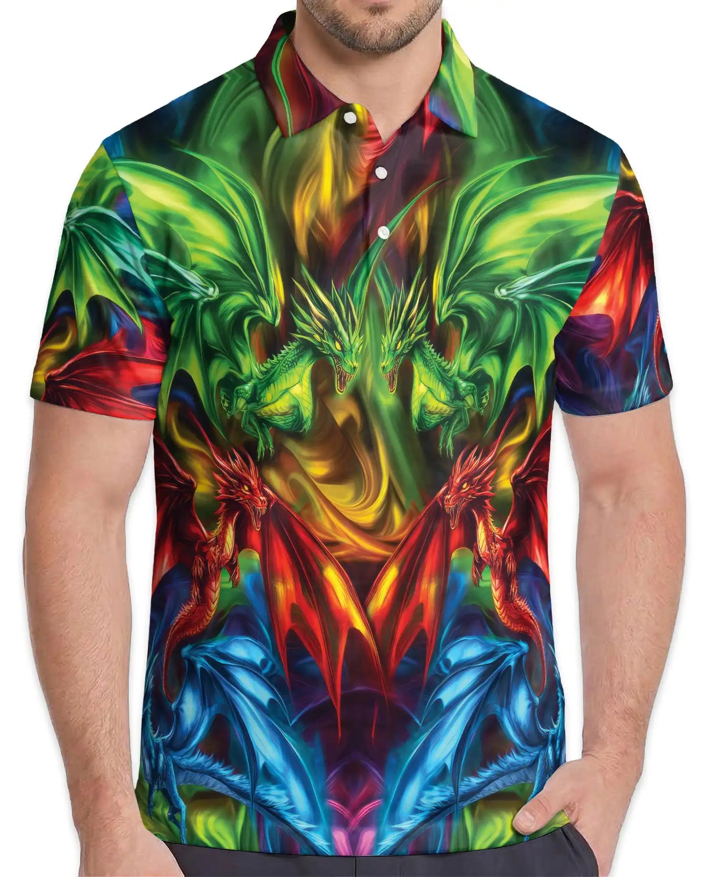 Colorful Fantasy Dragon Polo Shirt for Men - Fire Ice Mythical Dragon | Azhawaiian
