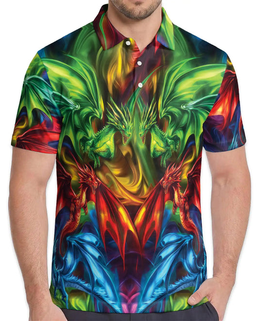 Colorful Fantasy Dragon Polo Shirt for Men - Fire Ice Mythical Dragon | Azhawaiian
