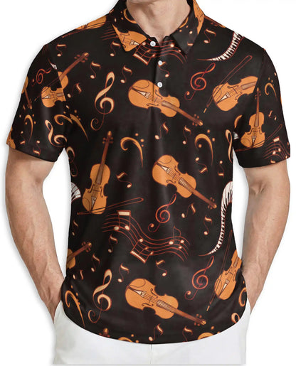 Violin Music Notes 3D Polo Shirt for Men, Classical Orchestra Style | Azhawaiian