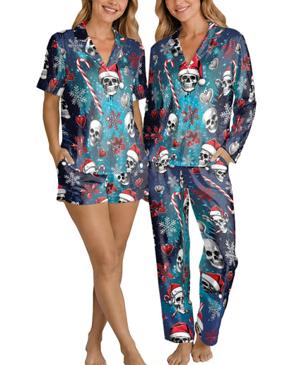 Gothic Christmas Skull Pajama Set for Women – Santa Hat Print