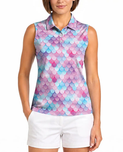 Mermaid Scales Pattern Sleeveless Polo Shirt for Women | Azhawaiian