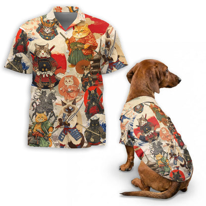 Japanese Samurai Cat Matching Dog Owner Hawaiian Shirts, Funny Pet Aloha Shirt for Beach Vacation - Azhawaiian