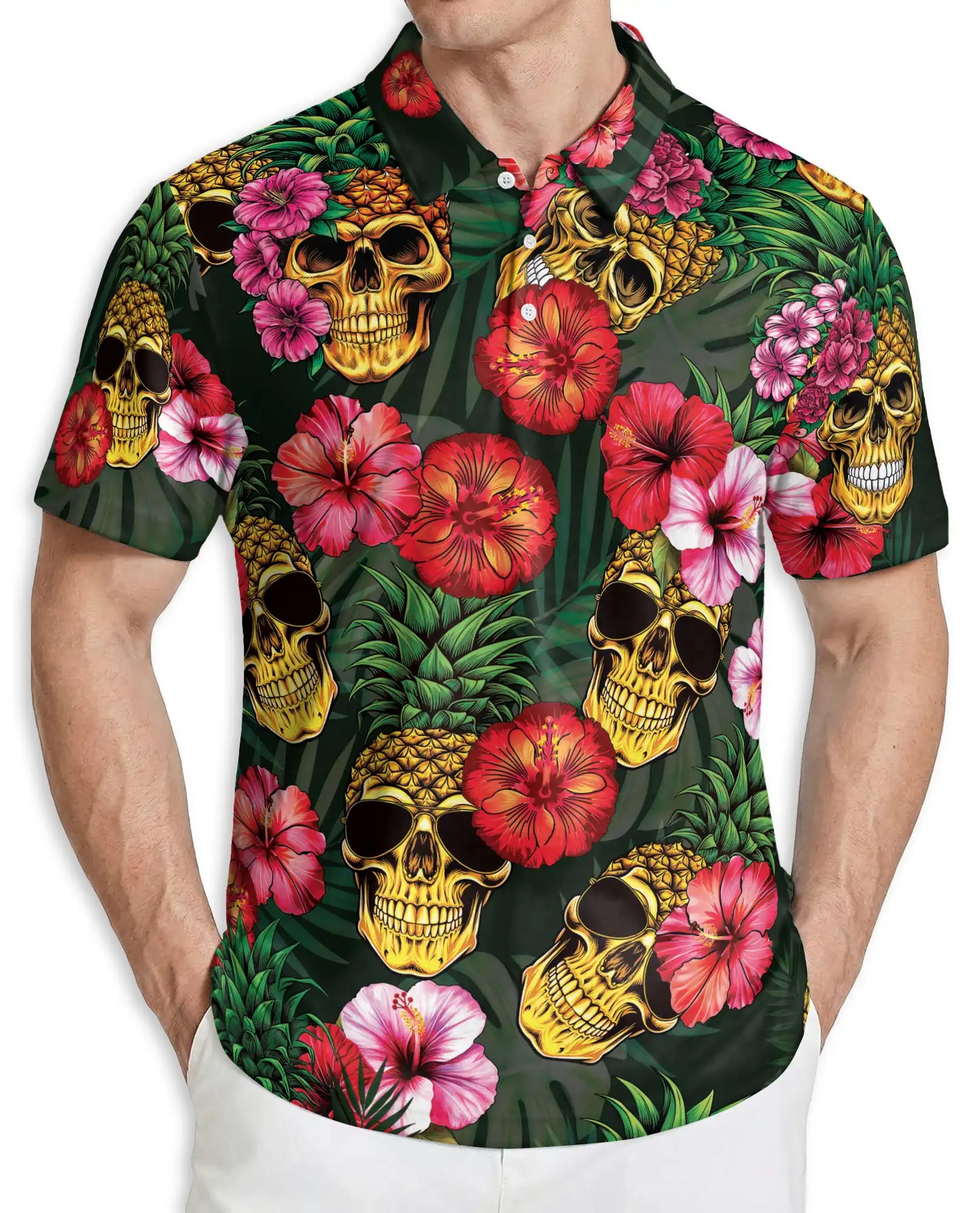 Skull Pineapple Polo Shirt, Tropical Gothic Style | Azhawaiian