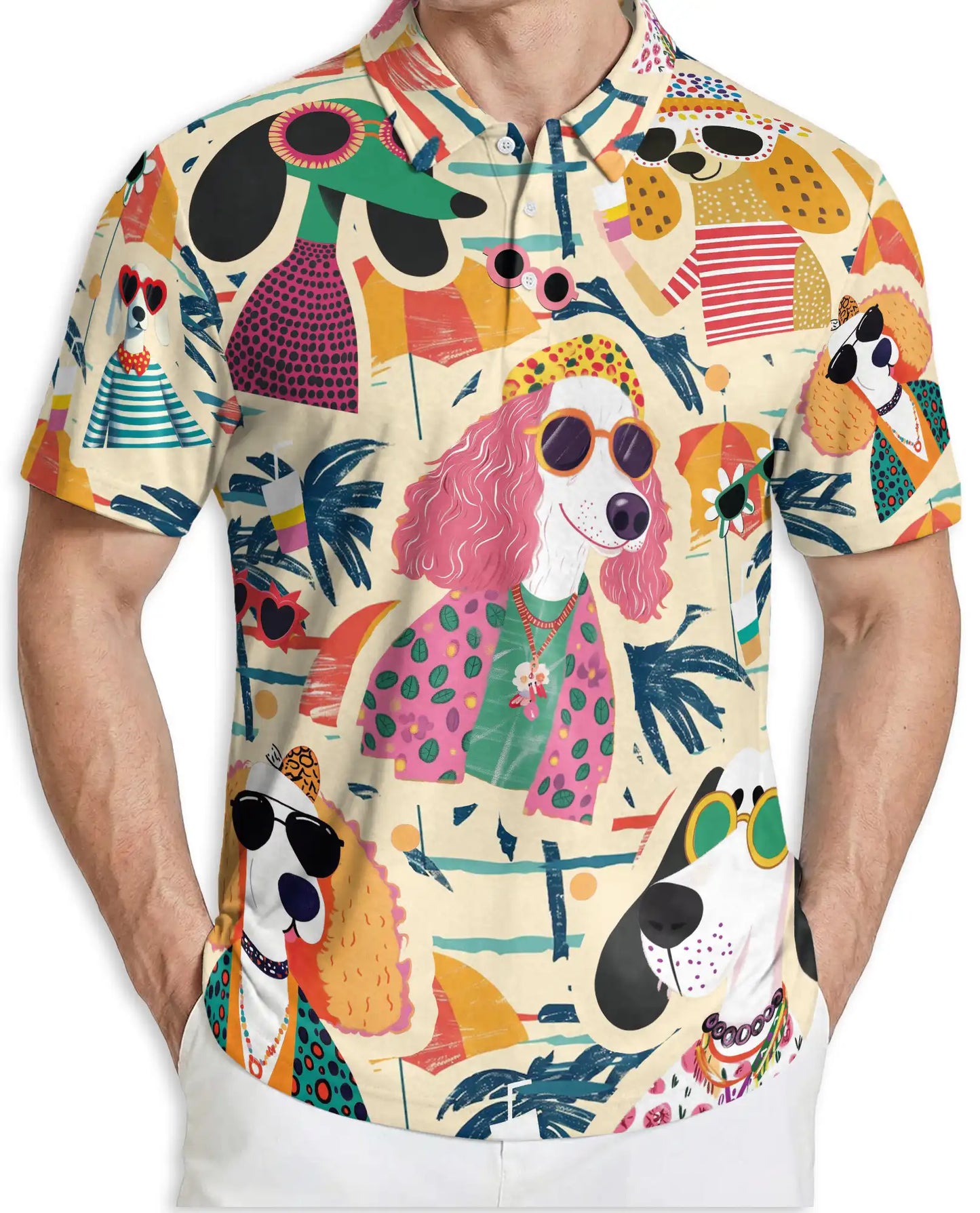 Retro Summer Stylish Dogs Beach Party Polo Shirt for Men | Azhawaiian