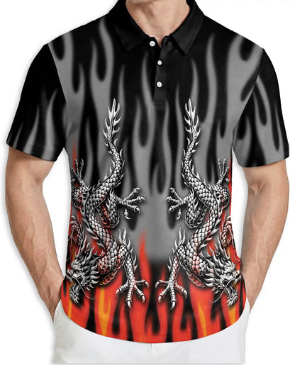 Tribal Dragon Polo Shirt, Silver Dragon Flame Artwork | Azhawaiian