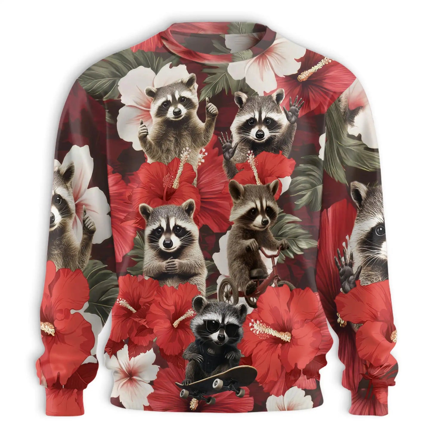 Tropical Hibiscus Raccoon Sweatshirt – Tropical 3D All Over Print Design