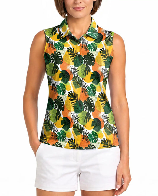 Monstera Leaf Print Sleeveless Polo Shirt for Women, Tropical Botanical Style | Azhawaiian