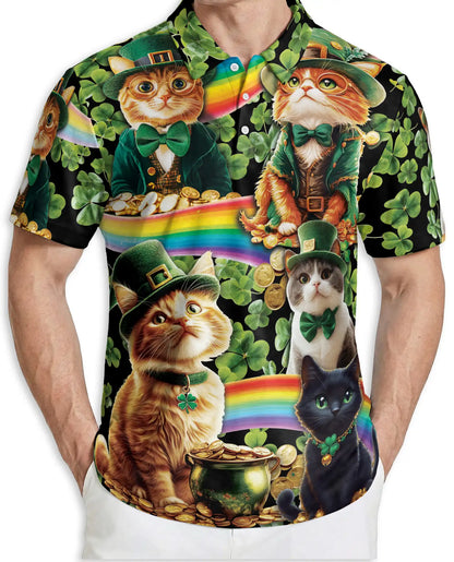 Lucky Cat St Patrick’s Day 3D Polo Shirt for Men, Irish Rainbow Style | Azhawaiian