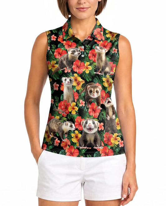 Ferrets Tropical Sleeveless Polo Shirt for Women, Cute Exotic Animal Style | Azhawaiian