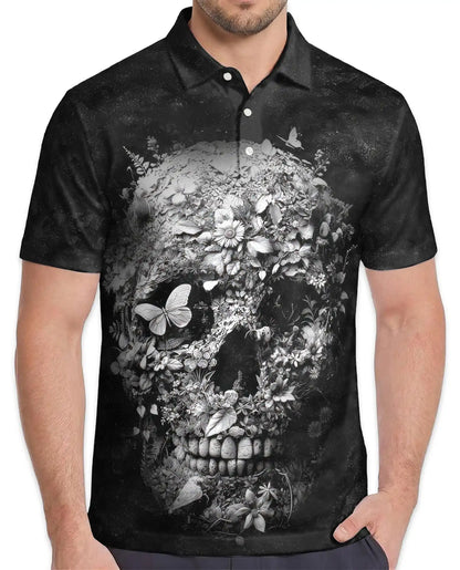 Floral Skull Gothic Polo Shirt, Dark Botanical Style | Azhawaiian