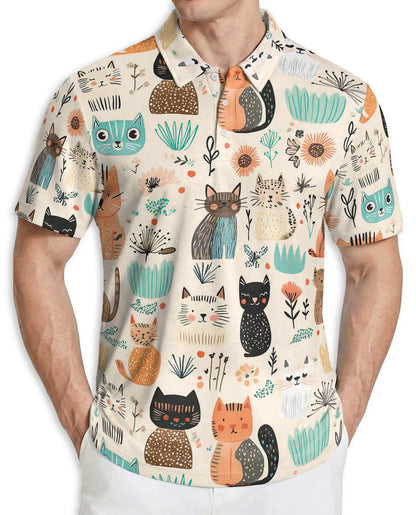 Cute Cat Polo Shirt, Cartoon Kitty Print | Azhawaiian