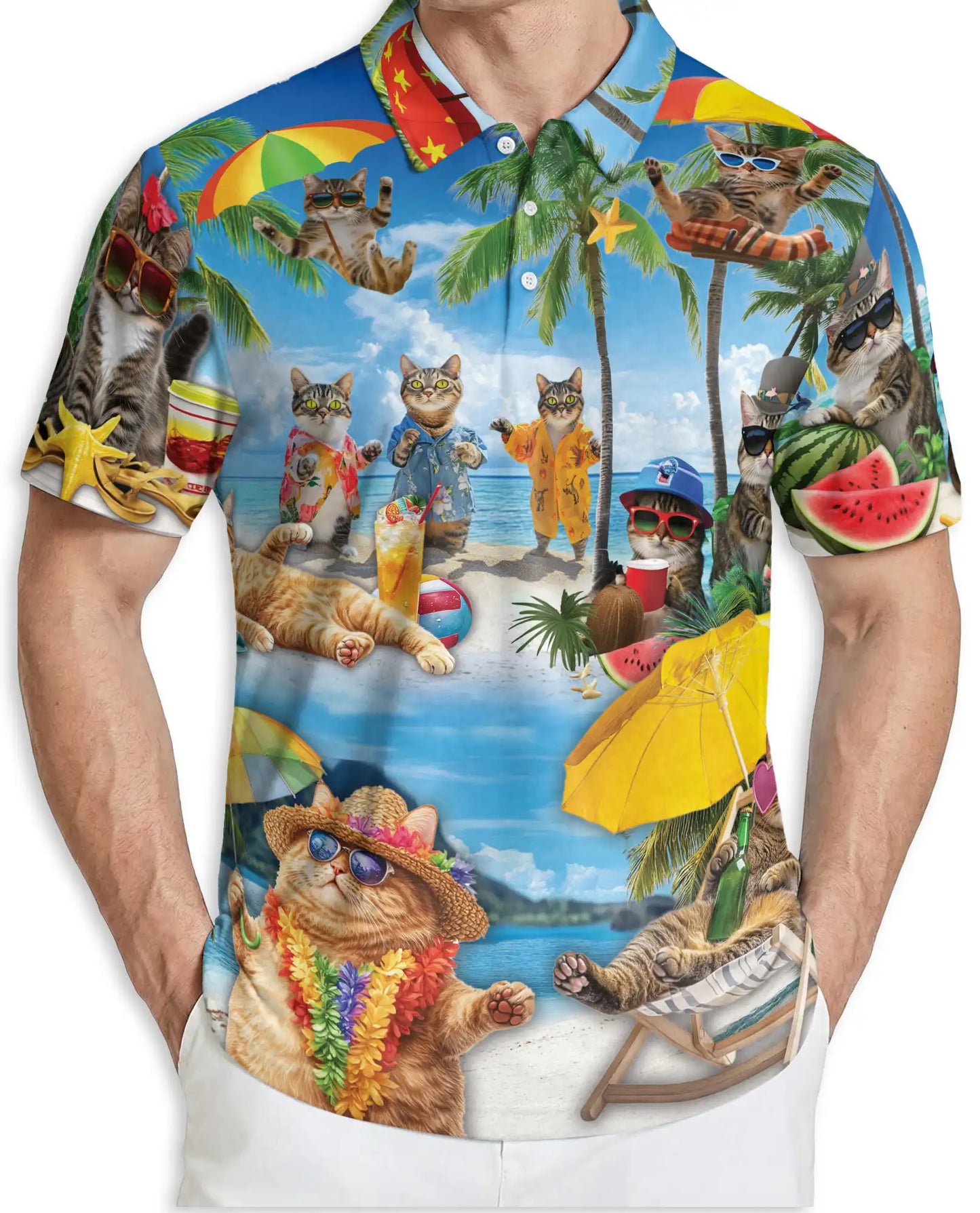 Funny Beach Cat Polo Shirt for Men-Tropical Cat Lover Shirt | Azhawaiian