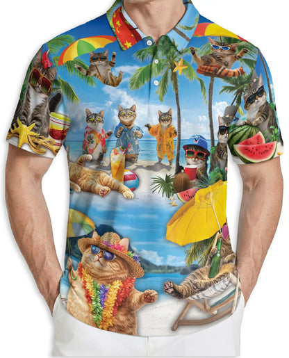 Funny Beach Cat Polo Shirt for Men-Tropical Cat Lover Shirt | Azhawaiian