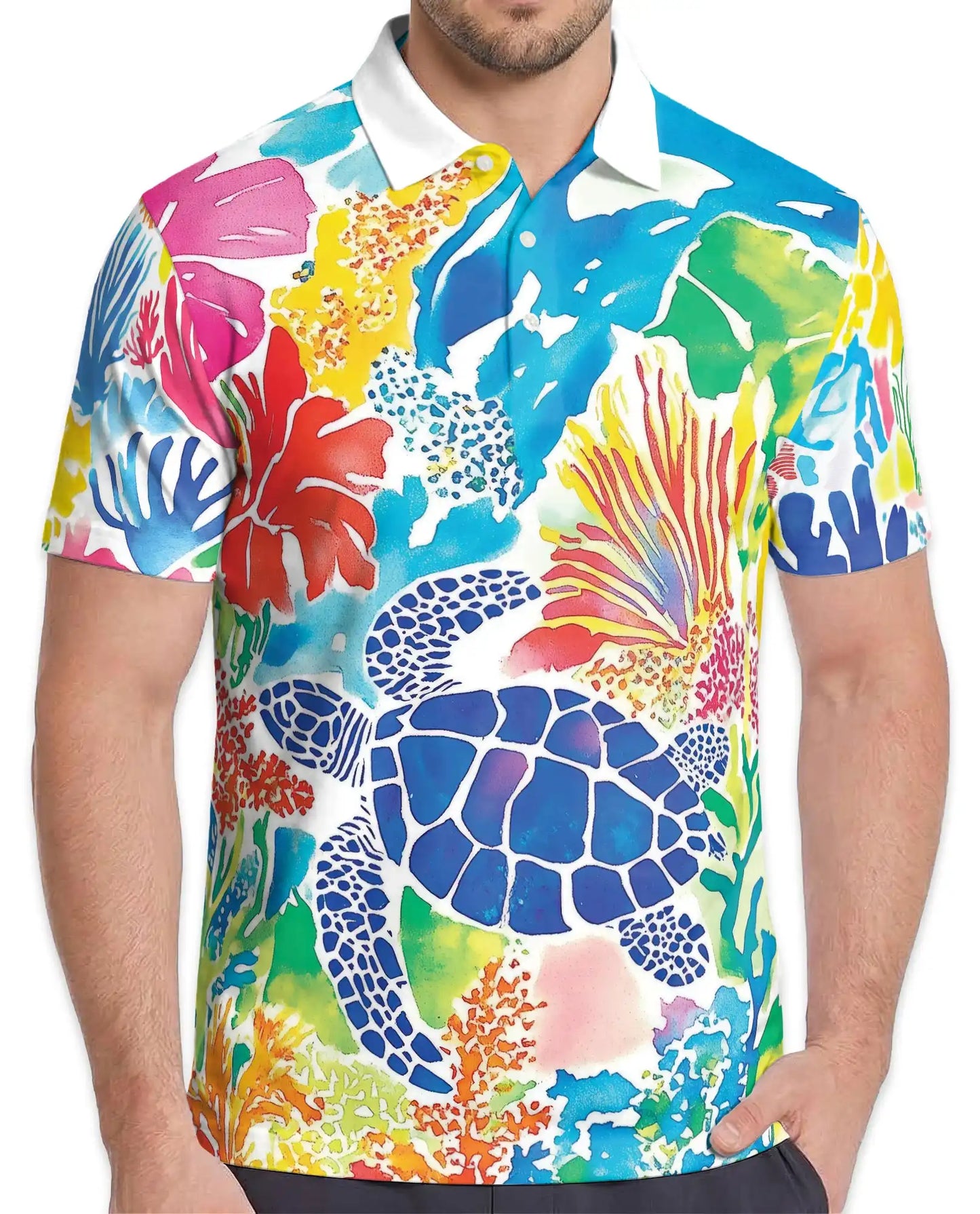 Colorful Sea Turtle Polo Shirt for Men, Vibrant Ocean Design | Azhawaiian