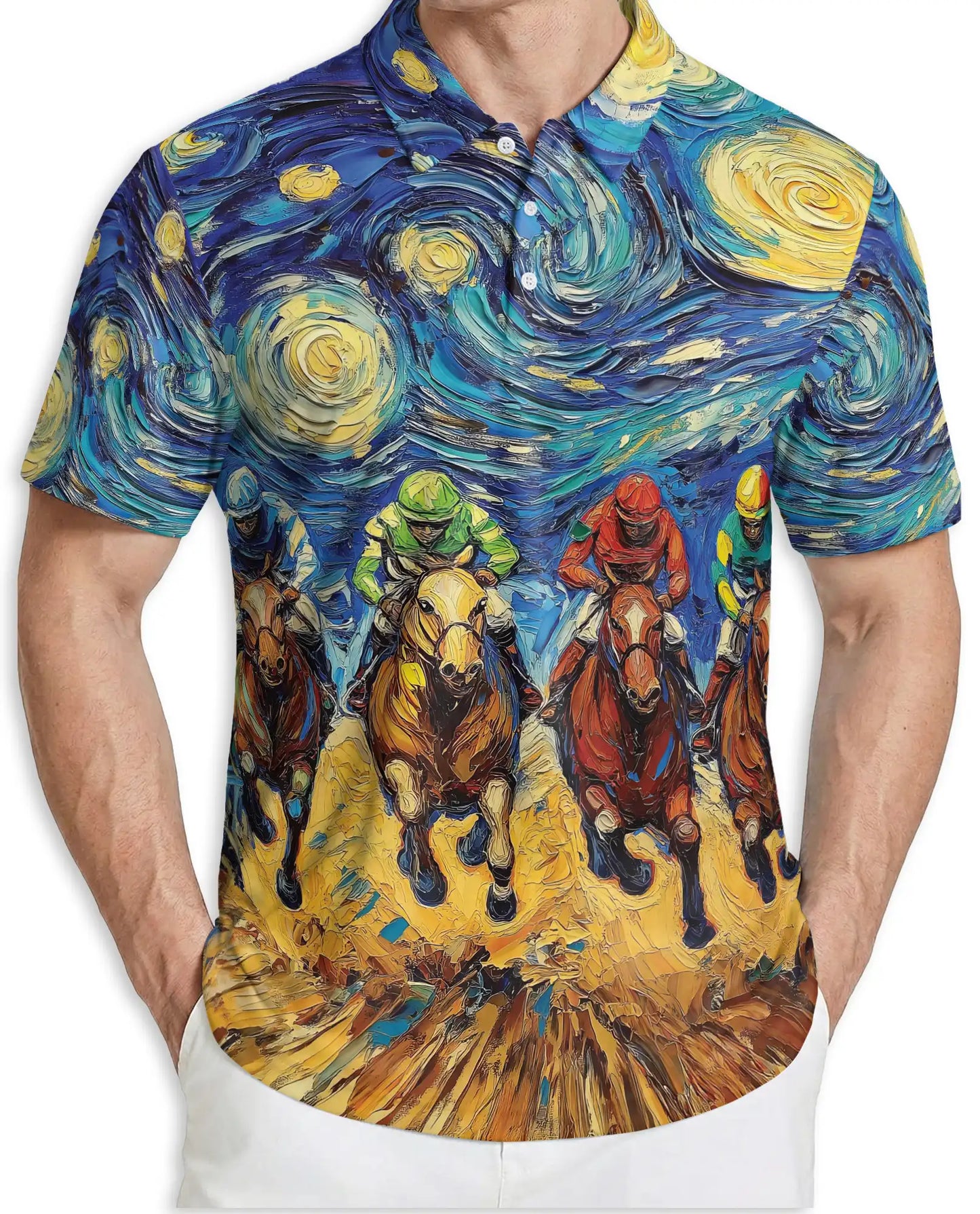 Starry Night Horse Racing 3D Polo Shirt for Men, Artistic Jockey Derby Style | Azhawaiian