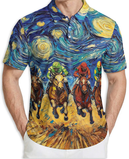 Starry Night Horse Racing 3D Polo Shirt for Men, Artistic Jockey Derby Style | Azhawaiian