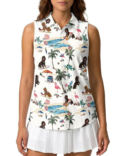 Poodle Beach Surfing Sleeveless Polo Shirt for Women, Cute Dog Summer Style | Azhawaiian
