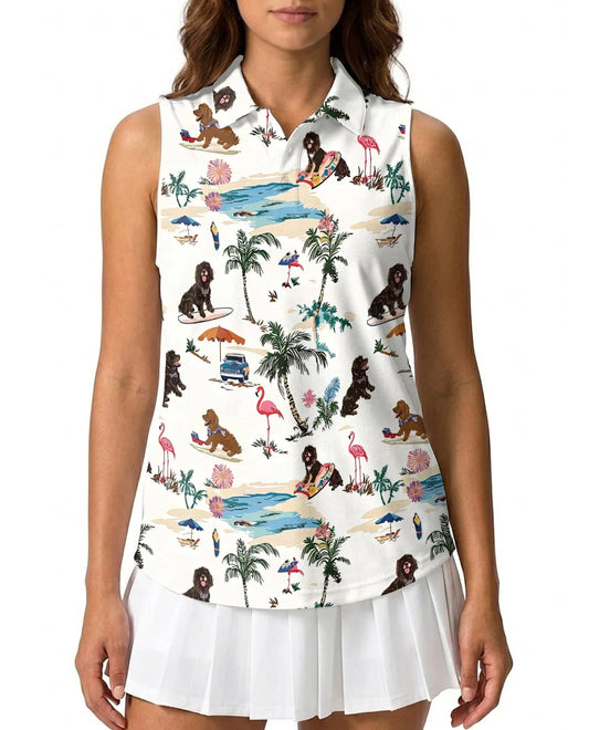 Poodle Beach Surfing Sleeveless Polo Shirt for Women, Cute Dog Summer Style | Azhawaiian