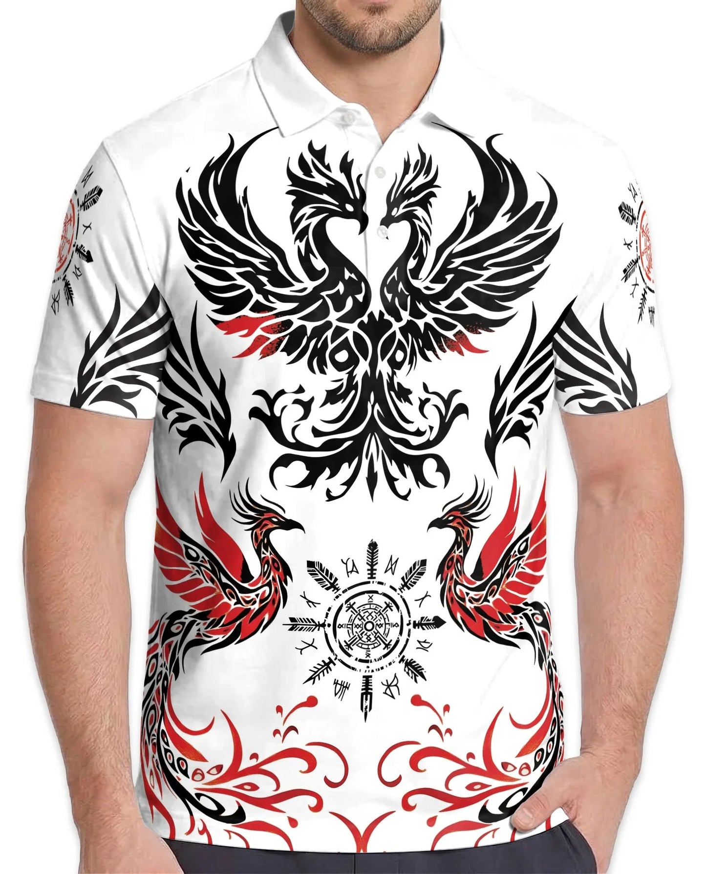 Symmetrical Phoenix Polo Shirt for Men, Mythical Fire Bird Style | Azhawaiian