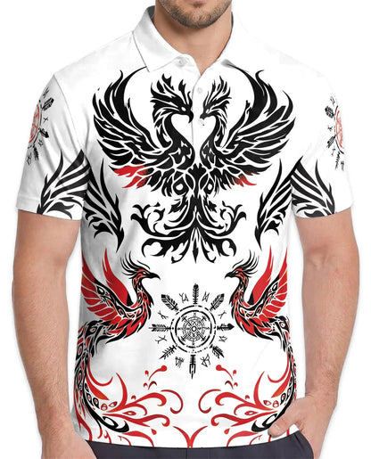 Symmetrical Phoenix Polo Shirt for Men, Mythical Fire Bird Style | Azhawaiian