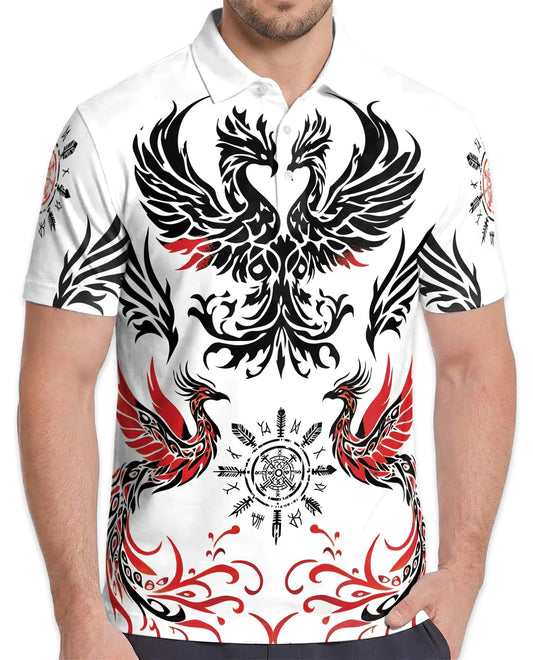Symmetrical Phoenix Polo Shirt for Men, Mythical Fire Bird Style | Azhawaiian