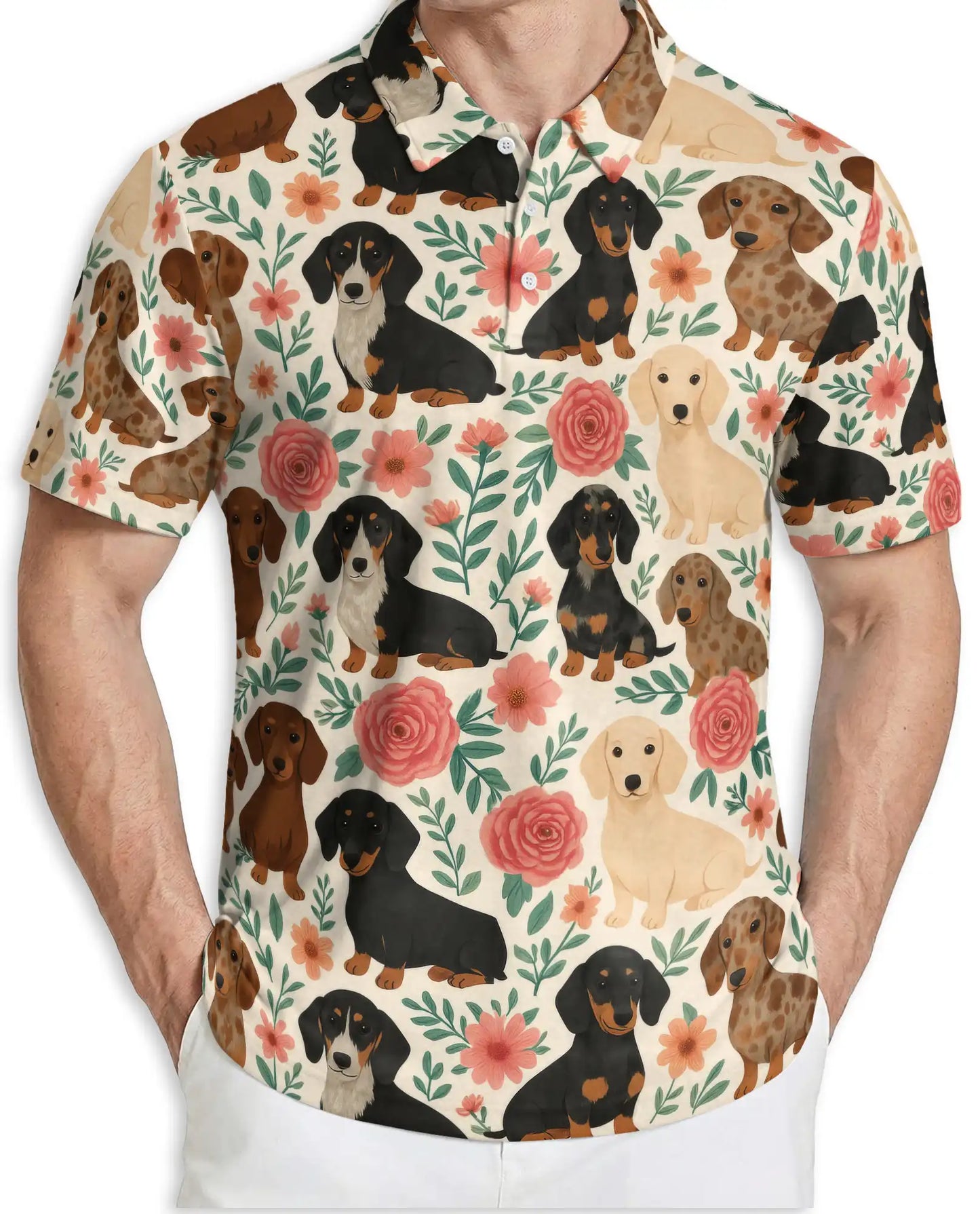 Dachshund Dog Pattern Polo Shirt for Men, Cute Pet Tropical Style | Azhawaiian