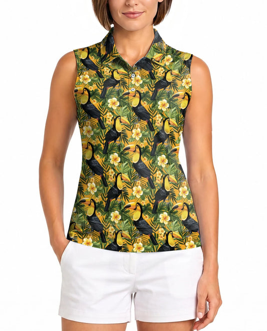 Toucan Tropical Floral Sleeveless Polo Shirt for Women, Exotic Bird Summer Style | Azhawaiian
