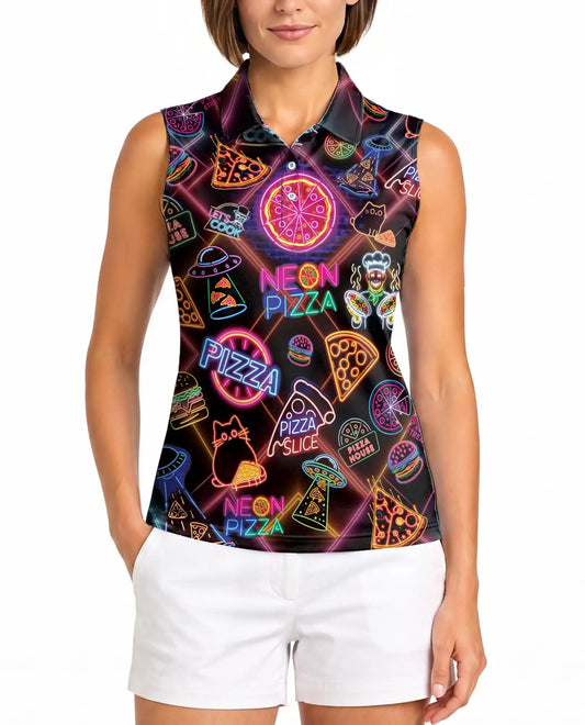 Retro Neon Pizza Sign Pattern Sleeveless Polo Shirt for Women | Azhawaiian