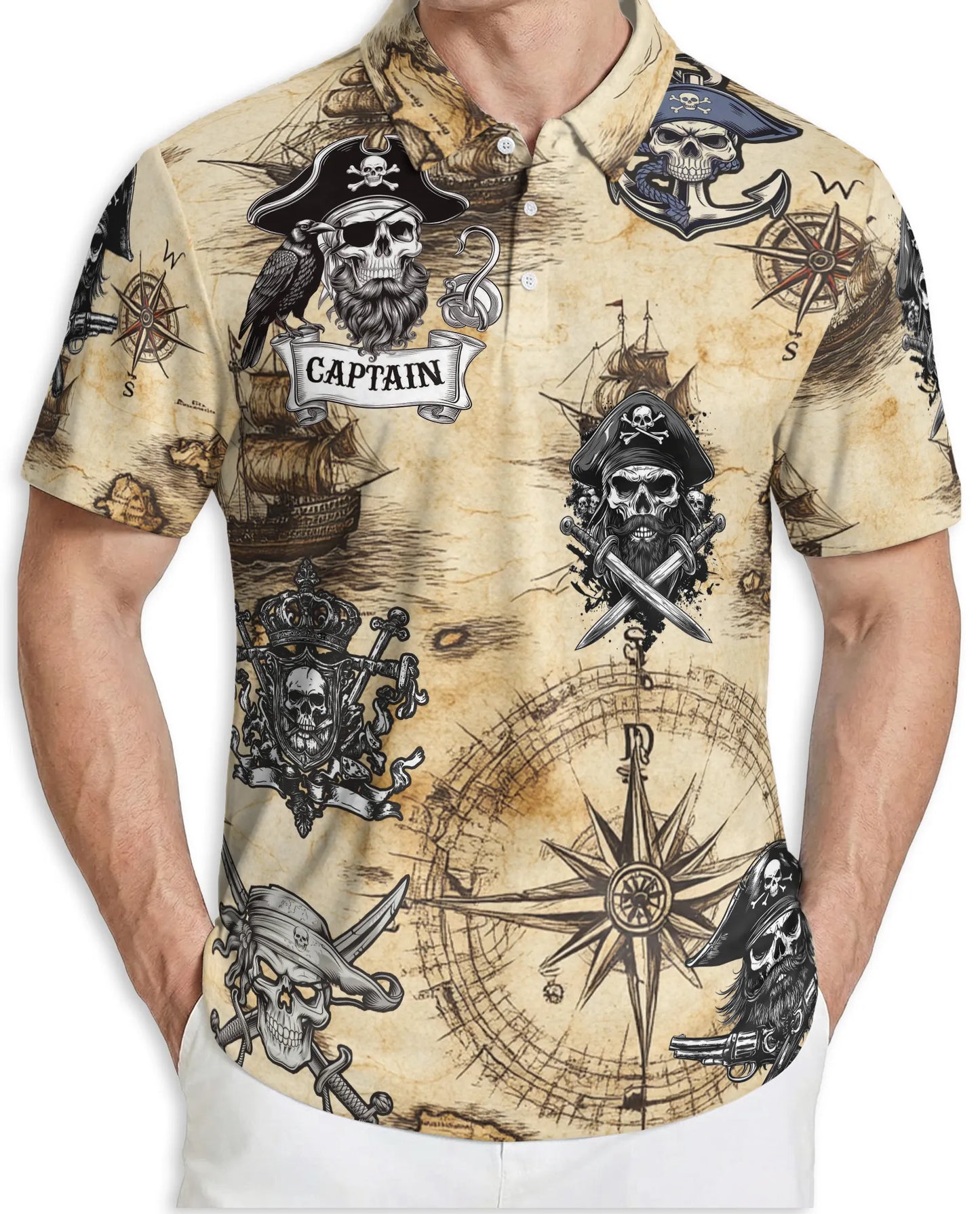 Pirate Captain 3D Polo Shirt for Men, Skull Compass Nautical Style | Azhawaiian