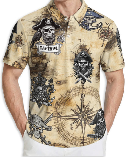 Pirate Captain 3D Polo Shirt for Men, Skull Compass Nautical Style | Azhawaiian