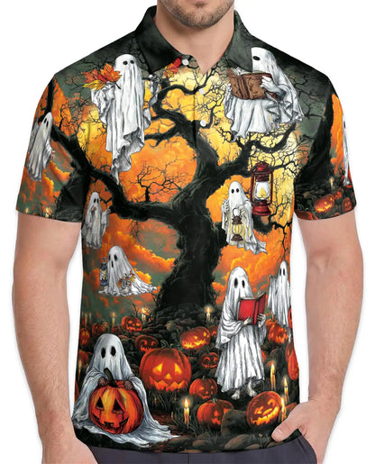 Halloween Ghost Polo Shirt, Spooky Pumpkin Patch Print | Azhawaiian